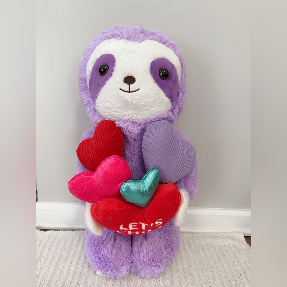 NWOT Purple Sloth Plush Decor with Colorful Hearts